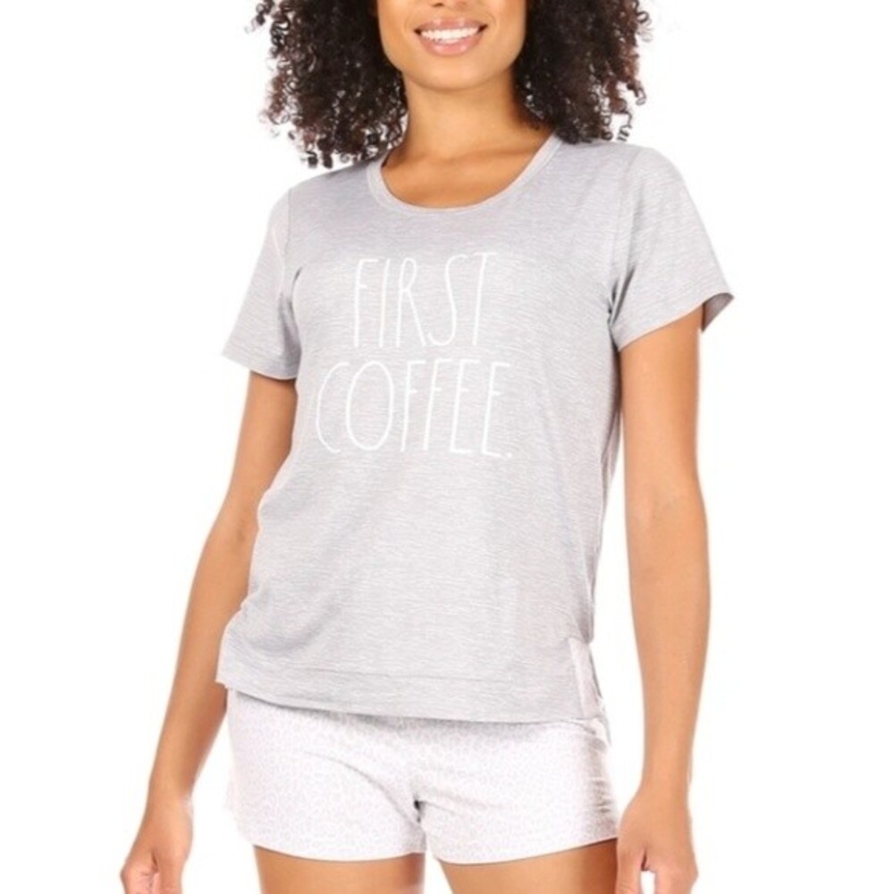 Rae Dunn "First Coffee" Short Sleeve Side Slit Top and Shorts PJ/Lounge Set